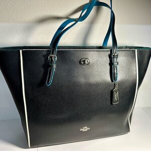 COACH: Black Coach Mollie Tote with Turquoise Trim